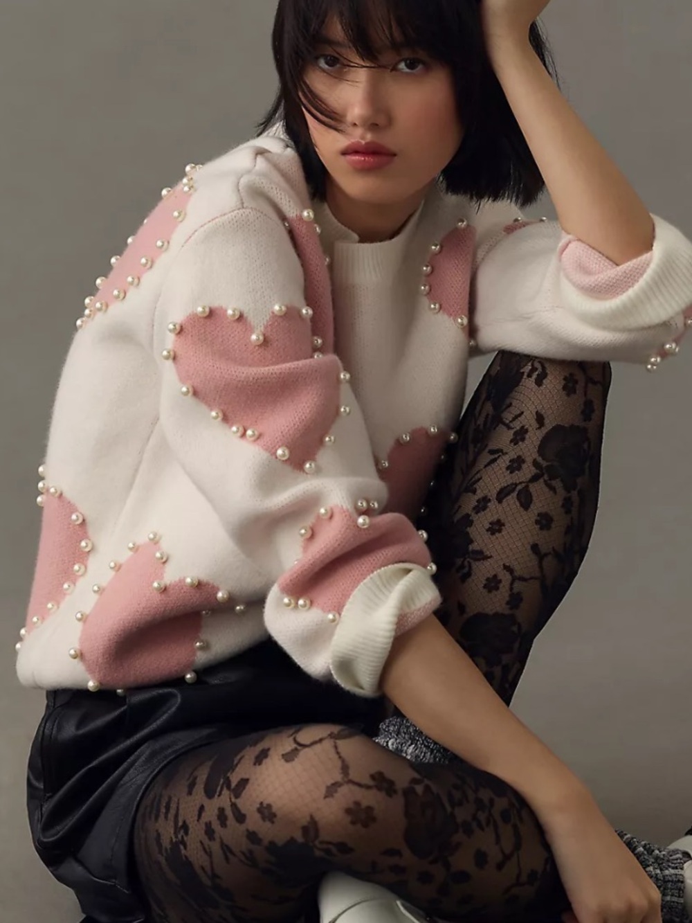 Anthropologie English Factory Pearl Heart Sweater EUC